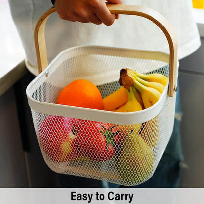 Metal Mesh Steel Harvest Basket, Rectangle Wire Garden Basket with Handle – Multi-functional Storage Organizer for Gathering Vegetables, Fruits, Kitchen, Garden, Picnic & Cabinet (Ivory)