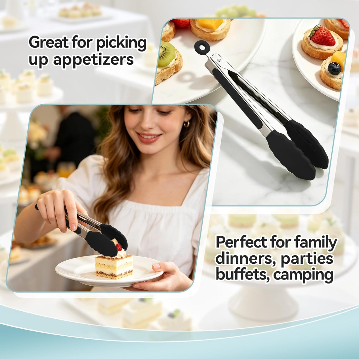 Kitchen Tongs, Stainless Steel Cooking Tongs with Silicone Tips, 600ºF High Heat-Resistant Non Scratch Locking Tongs for Cooking BBQ Grilling Air Fryer Pans, Set of 3 (7" 9" and 12") Black