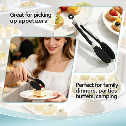 Kitchen Tongs, Stainless Steel Cooking Tongs with Silicone Tips, 600ºF High Heat-Resistant Non Scratch Locking Tongs for Cooking BBQ Grilling Air Fryer Pans, Set of 3 (7" 9" and 12") Black