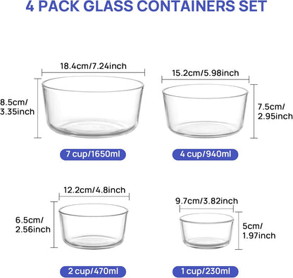 Vtopmart 4 Pack Glass Bowls with Lids (1, 2, 4, 7 Cup), Food Storage Containers, Meal Prep and Leftovers Keeper, Lunch Container, Microwave, Dishwasher & Freezer Safe