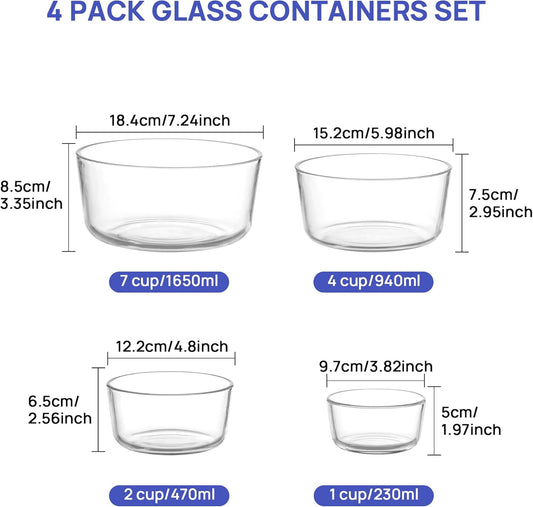 Vtopmart 4 Pack Glass Bowls with Lids (1, 2, 4, 7 Cup), Food Storage Containers, Meal Prep and Leftovers Keeper, Lunch Container, Microwave, Dishwasher & Freezer Safe
