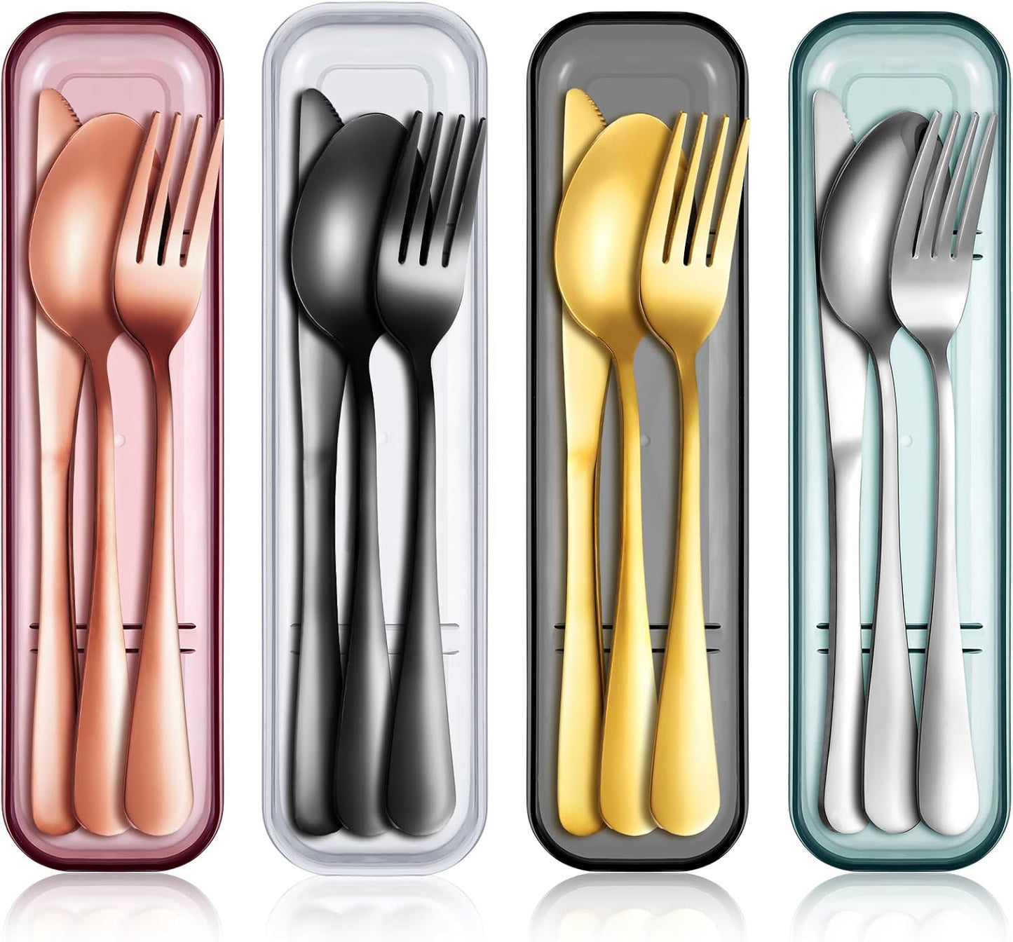 Yinkin 4 Pack Portable Travel Utensils Set with Case Reusable Stainless Steel Silverware Flatware Camping Cutlery Include Fork Spoon Knife for Work School Dishwasher Safe(White, Green, Red, Black)