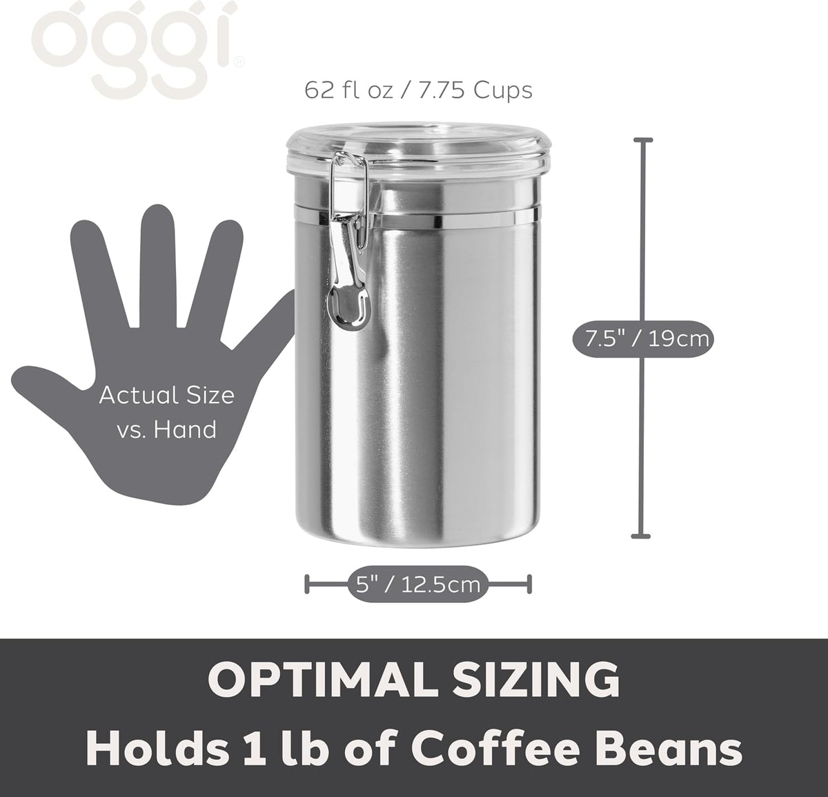 Oggi Stainless Steel Kitchen Canister 62 fl oz - Airtight Clamp Lid, Clear See-Thru Top - Ideal for Kitchen Storage, Food Storage, Pantry Storage. Large Size 5" x 7.5".