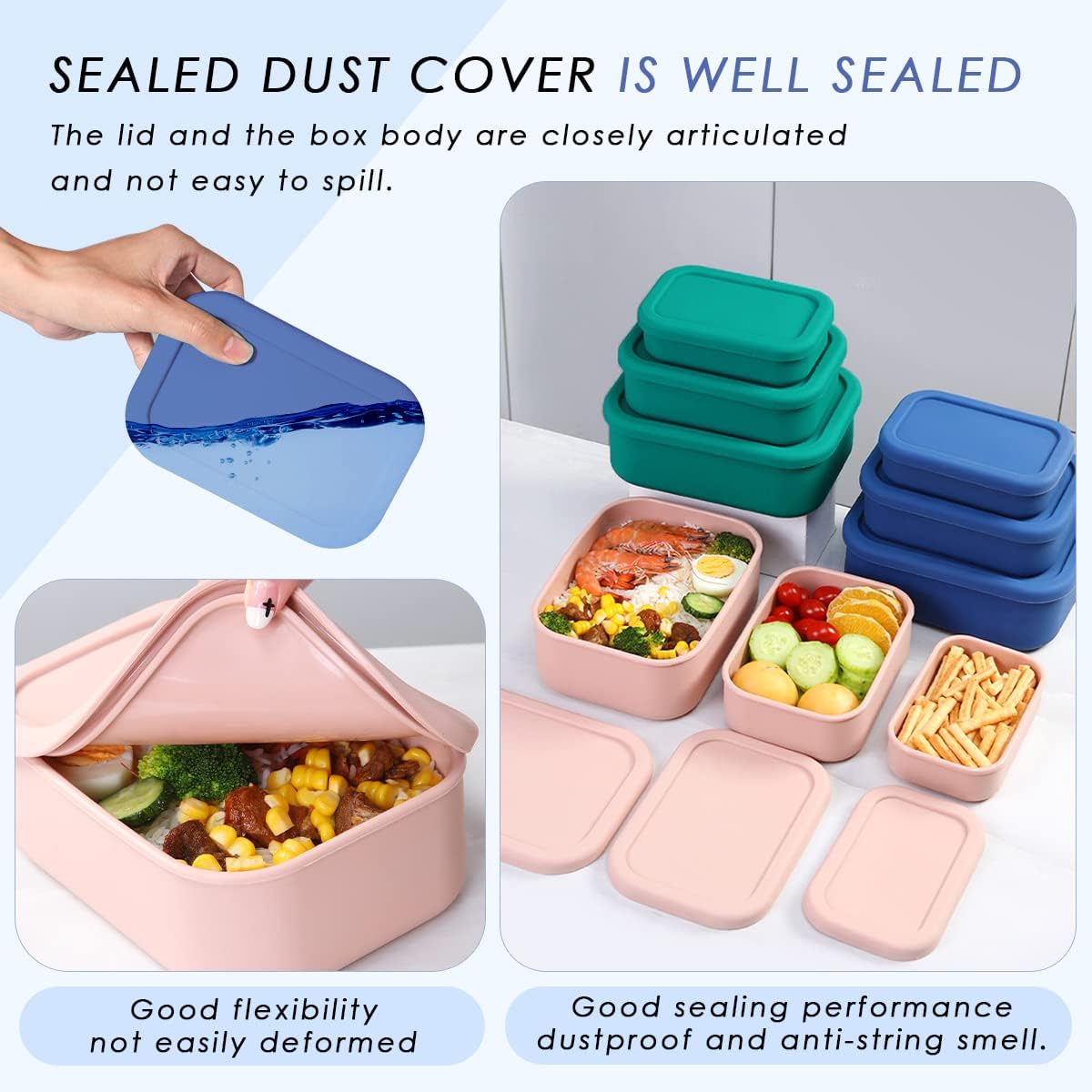 Silicone Food Storage Containers, Set of 3 Rectangular BPA-Free Silicone Lunch Box Containers with Lids, Airtight, Leak-Proof, Freezer, Microwave & Dishwasher Safe (10.2oz, 23.6oz, 44oz)