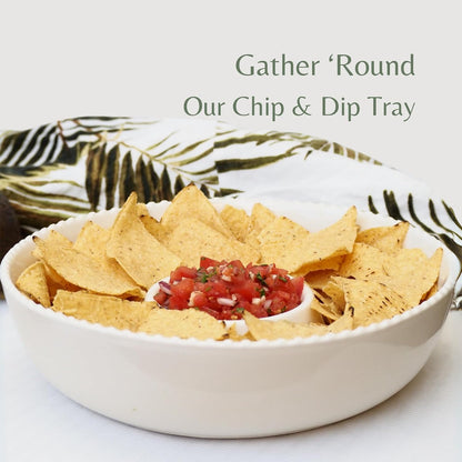 11'' Ceramic Chip and Dip Tray, Middle Size Divided Serving Set for Parties, Mixing Bowl Sets for Salsa, Snack, Veggies, Dumpling, Fruit, Salad, Fruit, Entertaining, Hosting, Ivory White