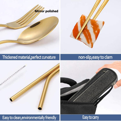Portable Reusable Travel Utensils Silverware With Case, Camping Cutlery Set, Chopsticks and Straw, Flatware With Case, Stainless Steel Top (Silver)