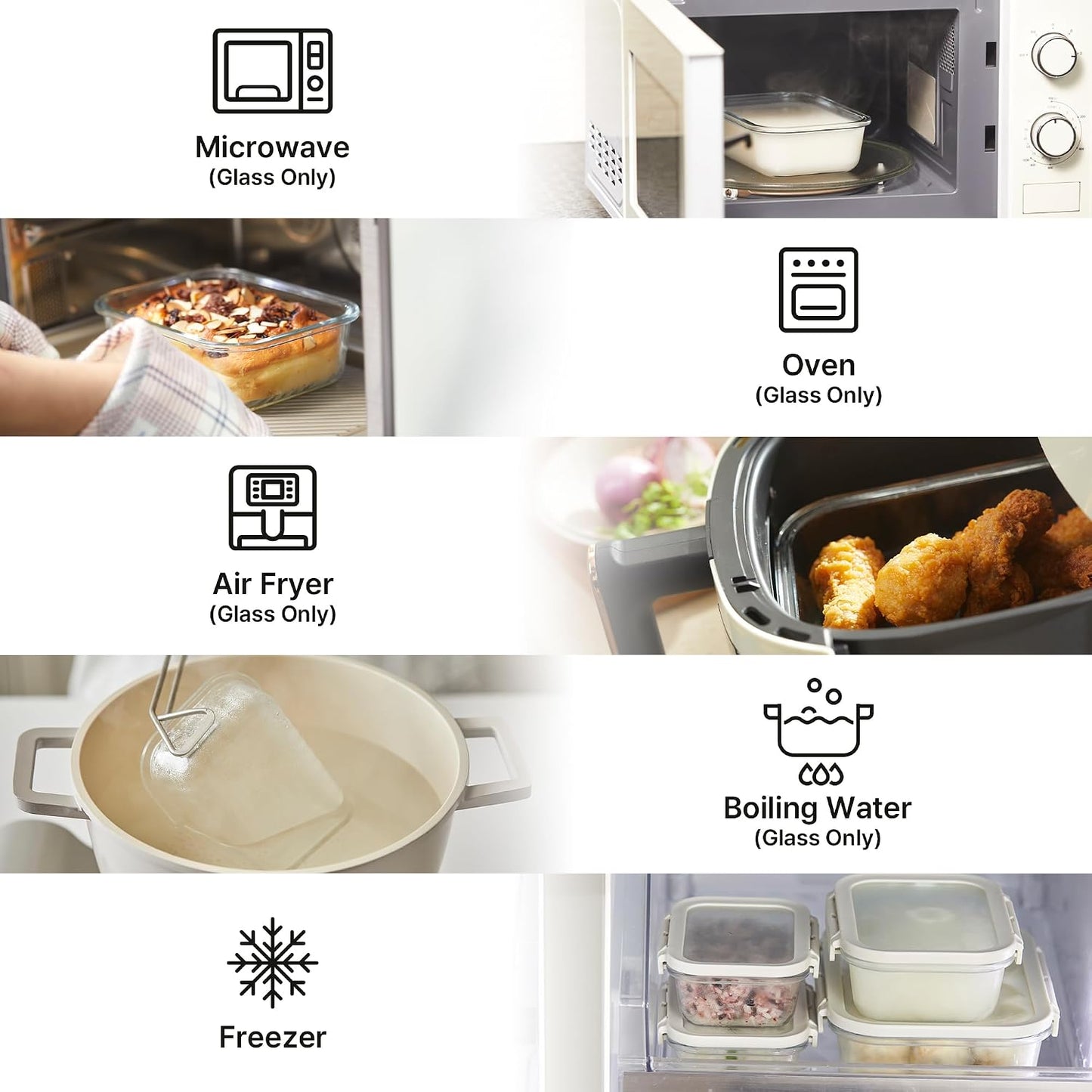 Neoflam 6-Piece Comodo Glass Food Storage Containers with Lids – Airtight Stackable Meal Prep Set – BPA-Free, Microwave Oven Air Fryer Freezer Safe – Reusable Glass Containers for Home & Office