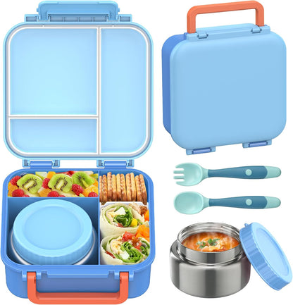 JOOPETALK Bento Lunch Box Set for Kids with 9oz Soup Thermo, Insulated Lunch Bag,Leak-proof BPA-free Lunch Food Container with 3-4 Conpartments for School Travel-Blue