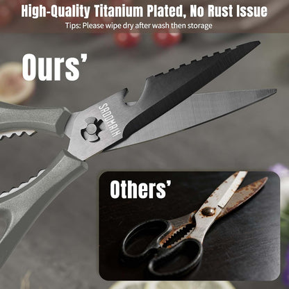 Kitchen Scissors All Purpose, Extra Sharp Kitchen Shears with Knife Sharpener & Sheath, Solid & Durable Stainless Steel Scissors with ANTI-RUST Black Titanium Plated, Dishwasher Safe - Black