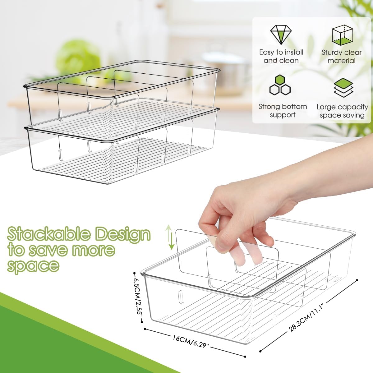 ZIZOTI Snack Organizer for Pantry Shelf, 4 Pack Clear Plastic Pantry Storage Bins with 3 Dividers for Snacks, Spices, Chips Food Organizer, Stackable Pantry Organizers for Kitchen, Fridge, Cabinet