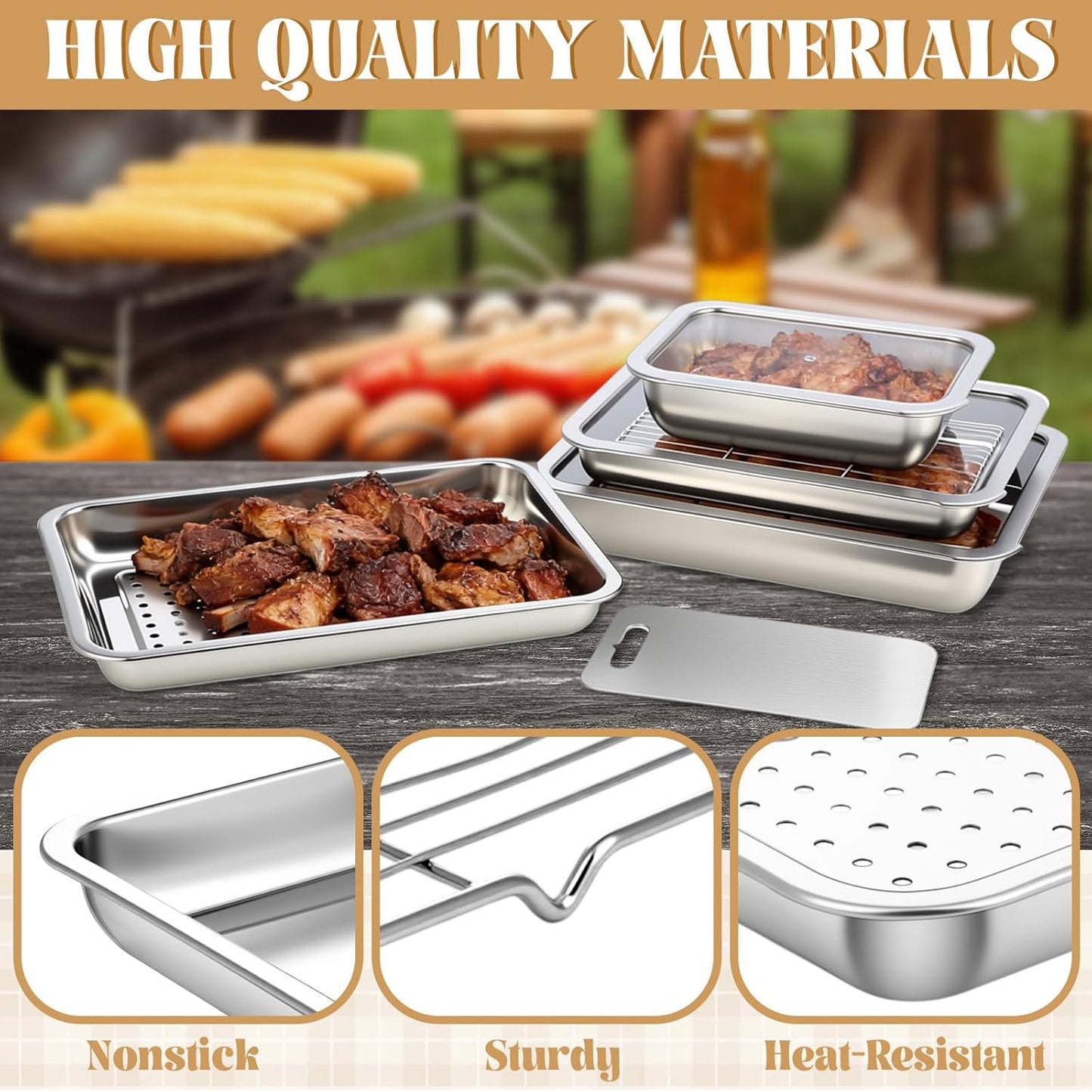8 Pcs Grill Prep Carry System Grilling Prep Serve Tray Set Large Food Tub Tray Stainless Steel Trays Marinating Container with Lid, Cutting Board, Carrying BBQ Accessories Gifts for Outdoor