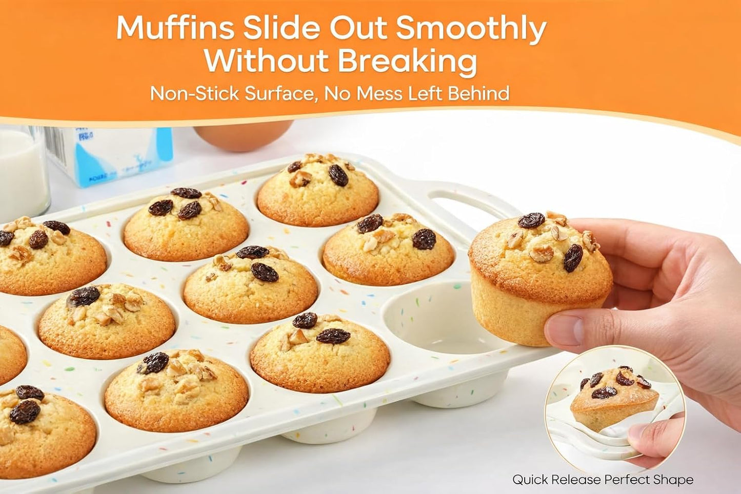 2-Pack 12-Cup Silicone Cupcake Pan, Nonstick Flexible Muffin Pan, Dishwasher Safe Muffin Tray with Handles, Seamless Silicone Muffin Tin for Baking Egg Bites & Cupcakes