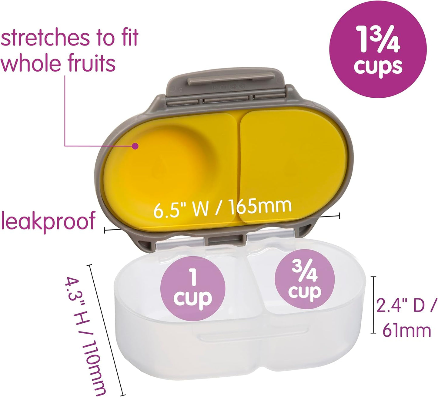 b.box Snack Box 2-Pack - Leak Proof Mini Bento Box for Kids & Toddlers, 2 Compartment Snack Containers for Kids, Dishwasher Safe, BPA-Free, PFAS-Free, Ages 4mo+, 1 3/4 Cup Each (Strawberry + Lilac)