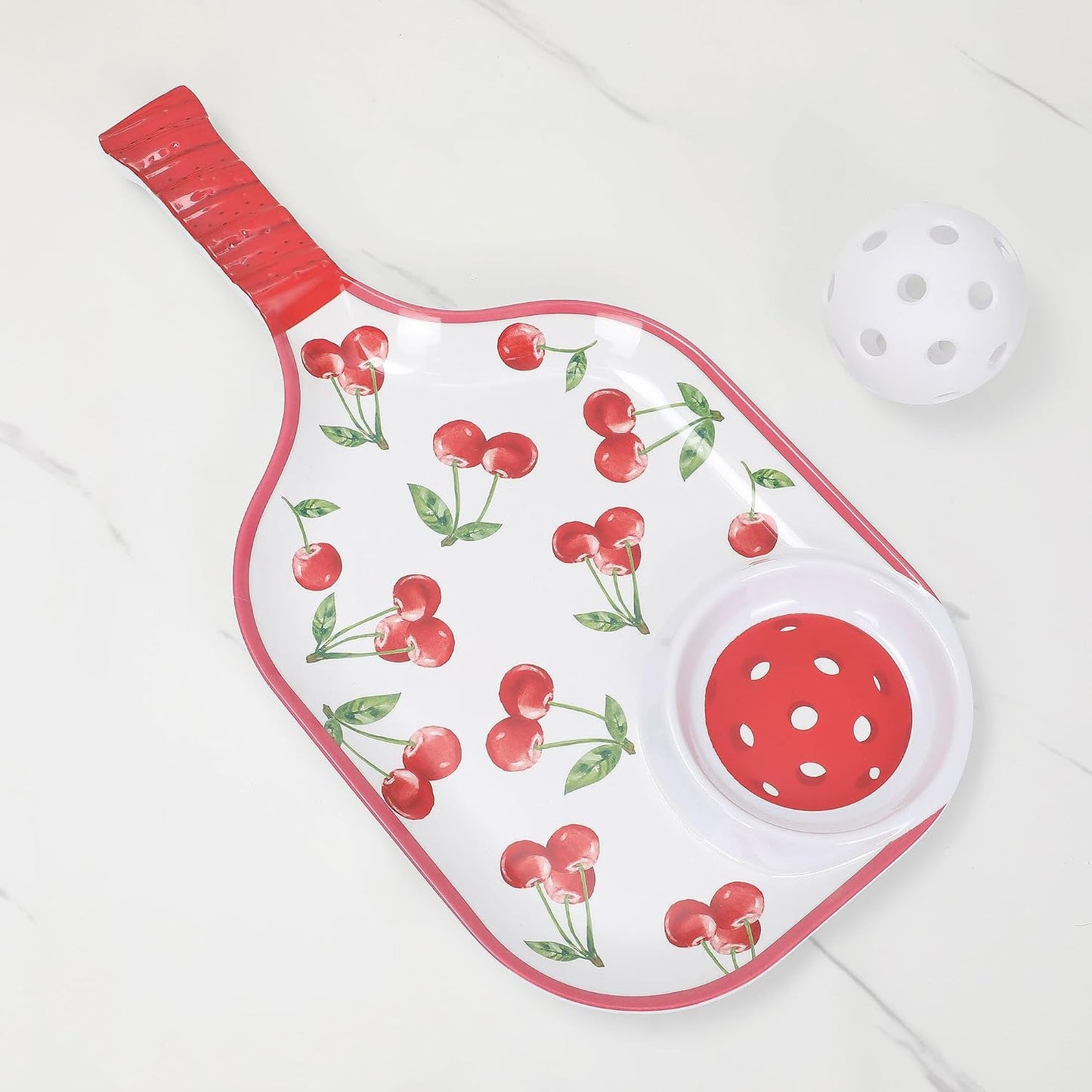 UPware Flamingo Melamine Chip and Dip Snack Tray, Tropical Floral Pickleball Paddle Shape Platter for Chips, Salsa, Fruits, and Appetizers, 15.75 x 8 Inch