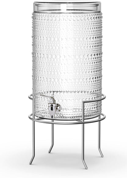 2 Gallon Glass Drink Dispenser, hobnail Drink Dispensers for Parties, Beverage Dispenser with Stand and Glass Lid, 100% Leakproof Spigot, Ideal for Lemonade, Juice,