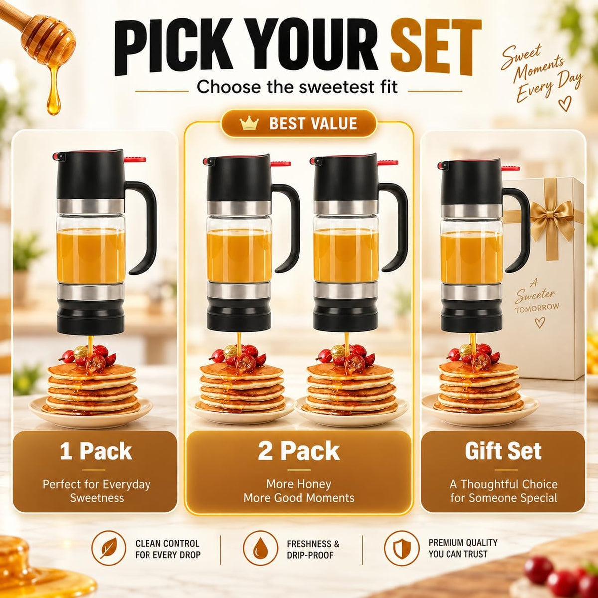 Honey Dispenser 9.8 Oz No Drip with Base 2026 Upgrade, Glass Honey Jar pot with Handle, Syrup Dispenser for Coffee or Tea, Mess Free Honey Dispenser for Honey and Syrup, Honey Container