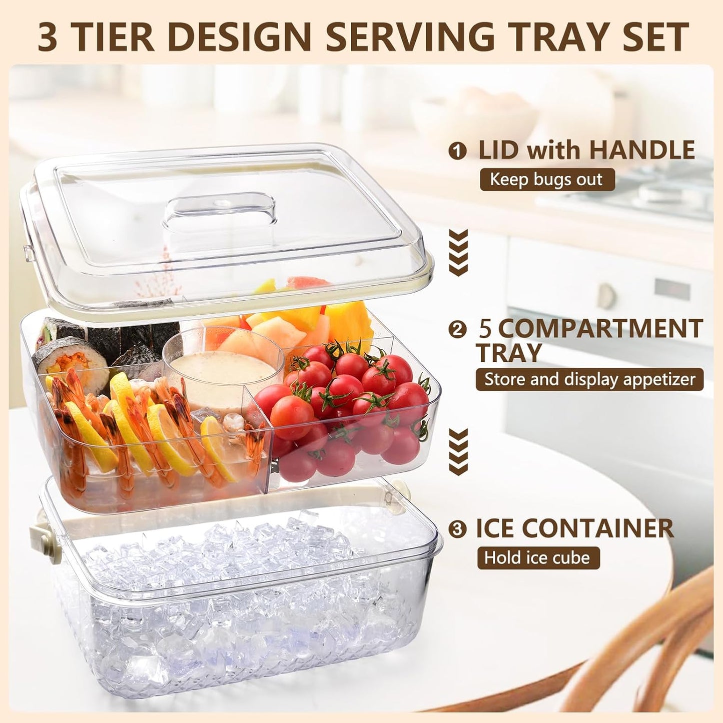 Fruit Ice Divided Serving Tray with Lid, Ice Underneath and Handle, Chilled Serving Platter for Parties, Shrimp Cocktail Serving Dish, Chilled Veggie Tray for Keep Food Cold Outside Party