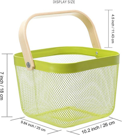 AJIODA Metal Mesh Steel Basket, Storage Organizer Basket Multi-functional Hanging Kitchen Baskets Fruit Basket Bin with Bamboo Handle for Kitchen Bathroom Picnic Shopping Decor Cabinet Home, Blue