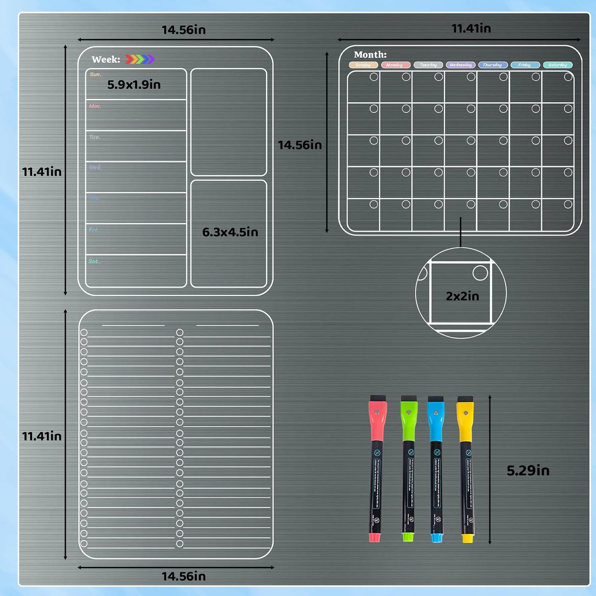 Non-Magnetic Fridge Calendar Set, Reusable Dry Erase Monthly Weekly Planning Boards, Transparent Chore Chart Sticks to Wall, Glass, Door, Any Smooth Surfaces(Month+Week+List)