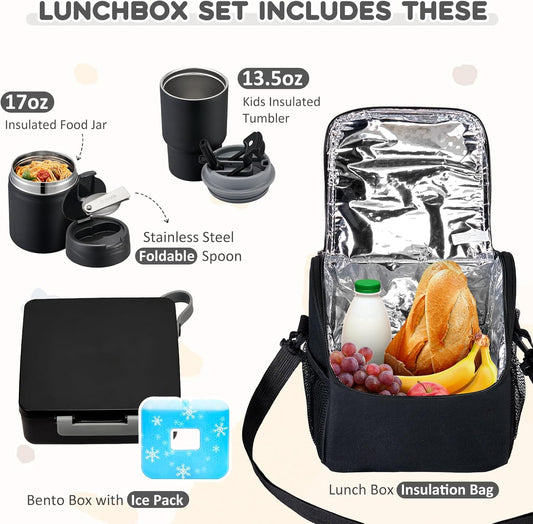 Pawtong Lunch Box Set with Bento Box Container, 17OZ Stainless Steel Food Soup Thermo, Kids Water Bottle & Portable Insulated Lunch Bag, Leakproof, Hot/Cold Retention for School, Travel (Purple-Horse)