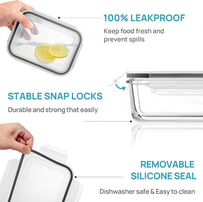 Vtopmart 10 Pack 35oz Glass Food Storage Containers with Lids, Meal Prep Containers, Airtight Reusable Lunch Container Set, Safe for Oven, Microwave, Freezer, and Dishwasher, Grey