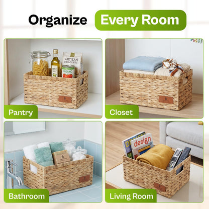 Water Hyacinth Storage Baskets Set of 2 with Handles, Rectangular Storage Baskets for Shelves, Open-Top Wicker Shelf Baskets for Closet, Bathroom, Pantry & Home Organization