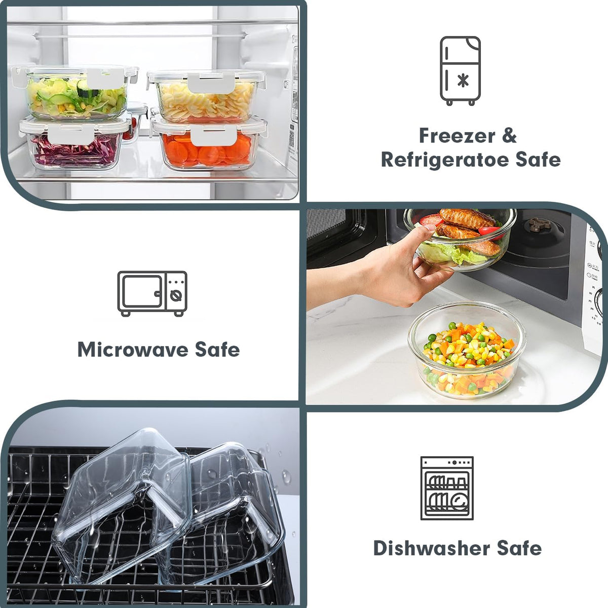 VERONES 30 Pieces Glass Meal Prep Containers Set, Stackable Glass Food Storage Containers with Lids-Airtight Lunch Containers，for Microwave, Oven, Freezer & Dishwasher,Grey
