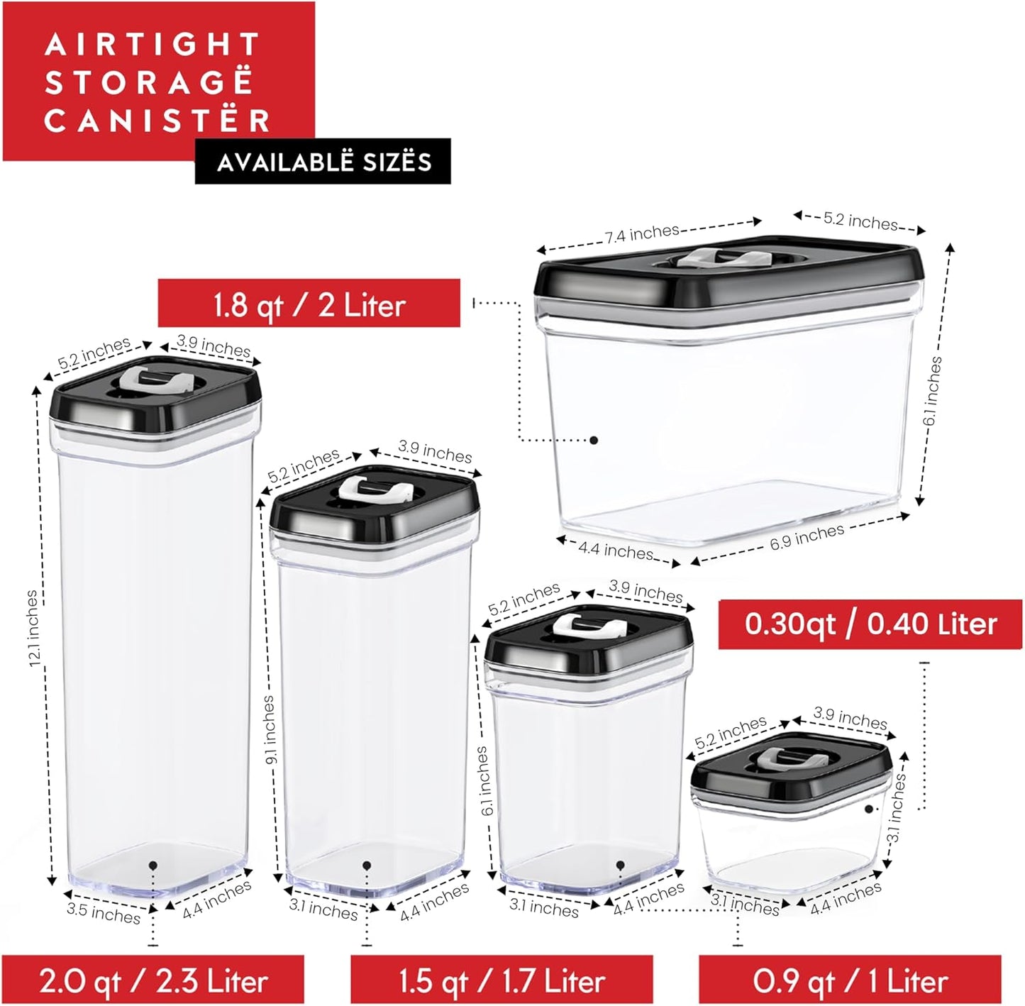 DWËLLZA KITCHEN Large Airtight Food Storage Containers - Clear Plastic Bulk Food Pantry & Kitchen Storage Containers for Flour, Sugar and Baking Supplies 4 Pcs. BPA-Free, Keeps Fresh & Dry (Black)