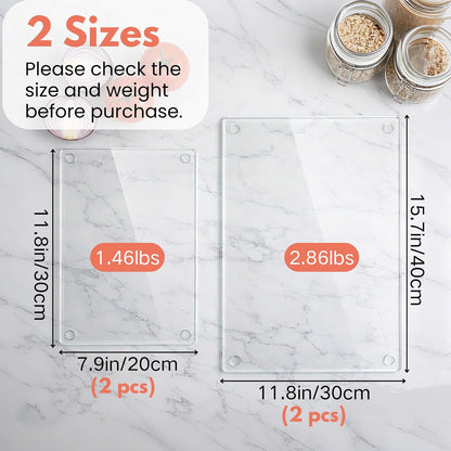 Hacaroa 4 Pack Tempered Glass Cutting Board with Rubber Feet, Rectangle Non-slip Chopping Board, Long Lasting Clear Glass Tray for Kitchen Countertop, Table, Shatter-Resistant, Heat-Resistant, 2 Size