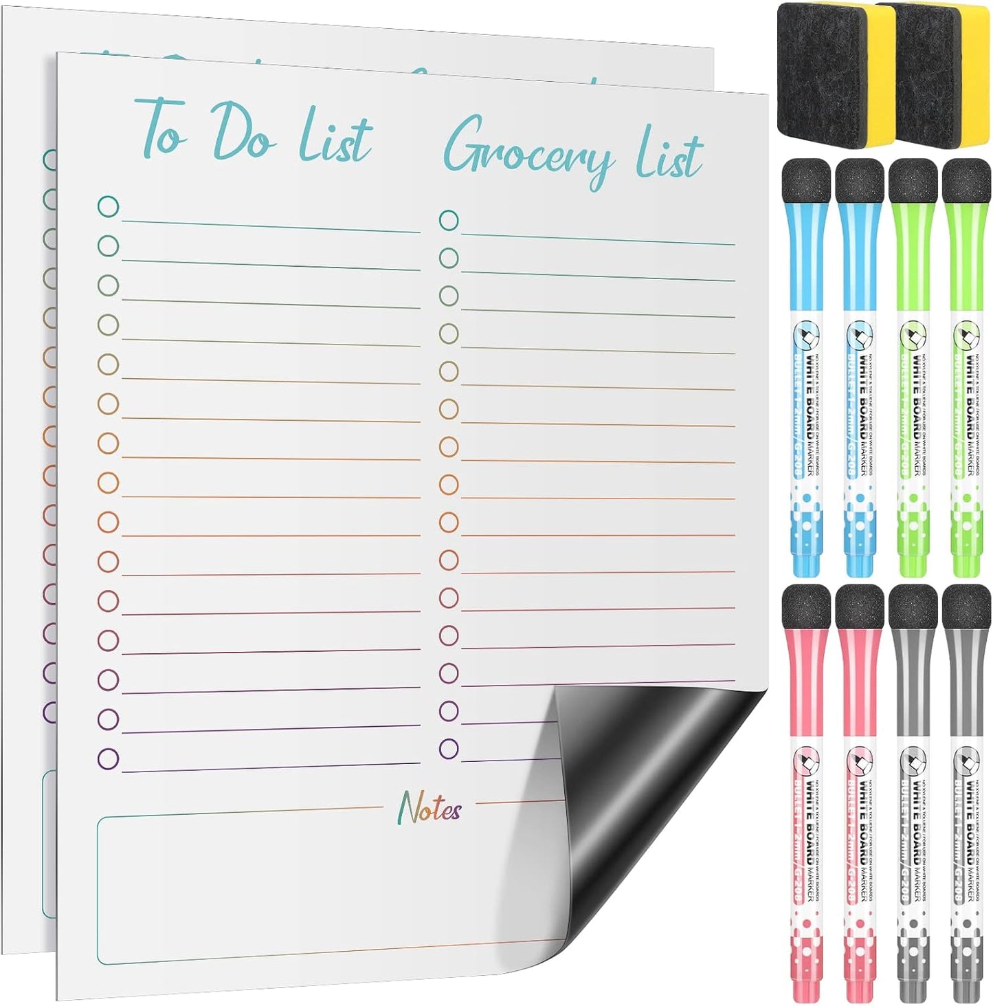 Gueevin 2 Pcs Magnetic Dry Erase Grocery List for Fridge 10" x 12" Magnet White Board Sheet with 8 Whiteboard Markers 2 Eraser Reusable for Refrigerator Kitchen Locker Cabinet Door(Black Line)