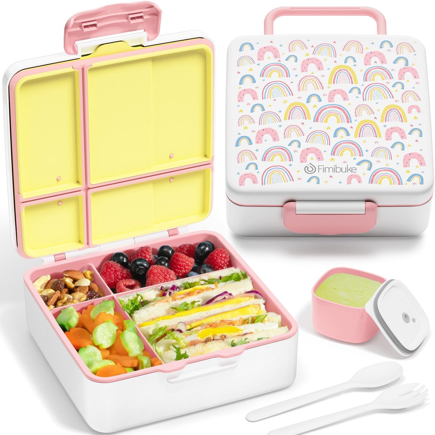 Fimibuke Bento Lunch Box for Kids, Leak Proof Toddler Bento Box with 4 Compartments BPA Free Dishwasher Safe Lunch Container with Utensils, Ideal Portion Sizes for Ages 3-12 Girls Boys for School