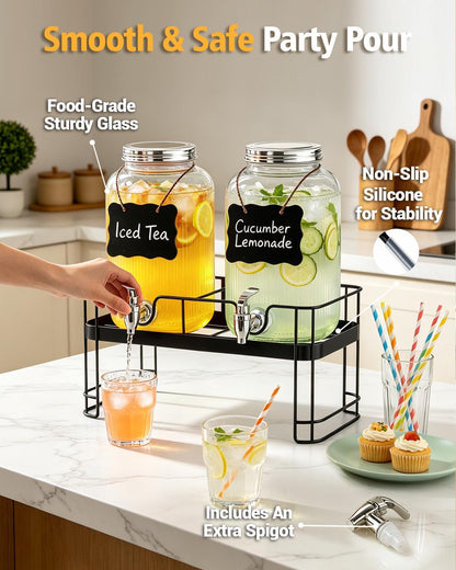 PAROTO Drink Dispensers for Parties, 2 Pack 1 Gallon Glass Beverage Dispenser with Stand and LED Strip Light, Lemonade Juice Water Dispenser with Spigot for Wedding Bar Picnic BBQ Buffet Event