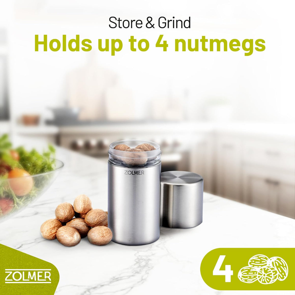 Spice Grinder with Storage Container for Fine Nutmeg Powder - SIlver