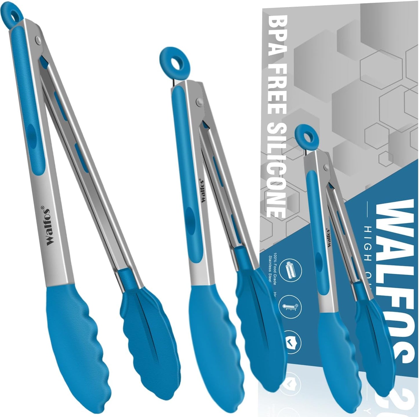 Walfos Kitchen Tongs for Cooking, 600℉ Heat Resistant Stainless Steel Tongs, All Metal Heavy Duty Tongs For Food ,BBQ Grilling - 7 ，9 and 12 Inch ,Set of 3