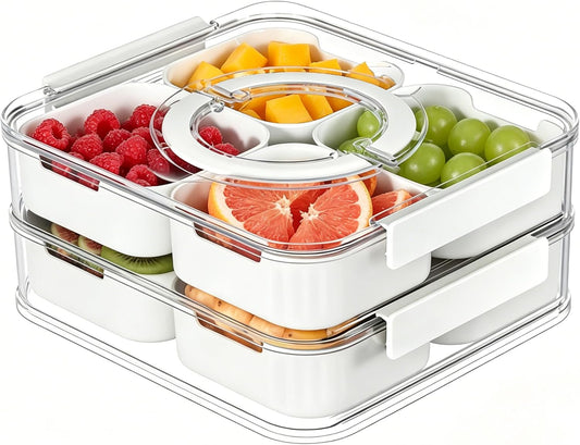 IVYHOME 2-Tier Stackable Snackle Box Container, Veggie Tray with Lid for Fridge, Divided Serving Tray, BPA-Free Plastic Food Organizer for Fruit, Spices, Portable for Picnic, Party, Kitchen Countertop