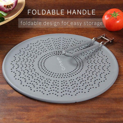 13” Silicone Splatter Screen Pan Cover with Folding Handle, Heat Insulation Cooling Mat, Strainer, Drain Board, Oil Splash Guard for Frying Pan