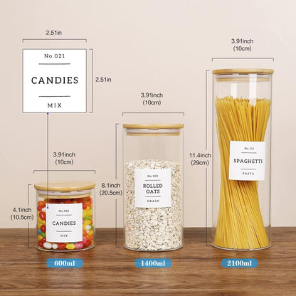 Large glass flour and sugar containers with 132 Kitchen Pantry Labels - 110 oz Glass Food Storage Containers with Airtight Lids - Square Glass Jars with Bamboo Lids for Rice, Pasta, Cookies, grain