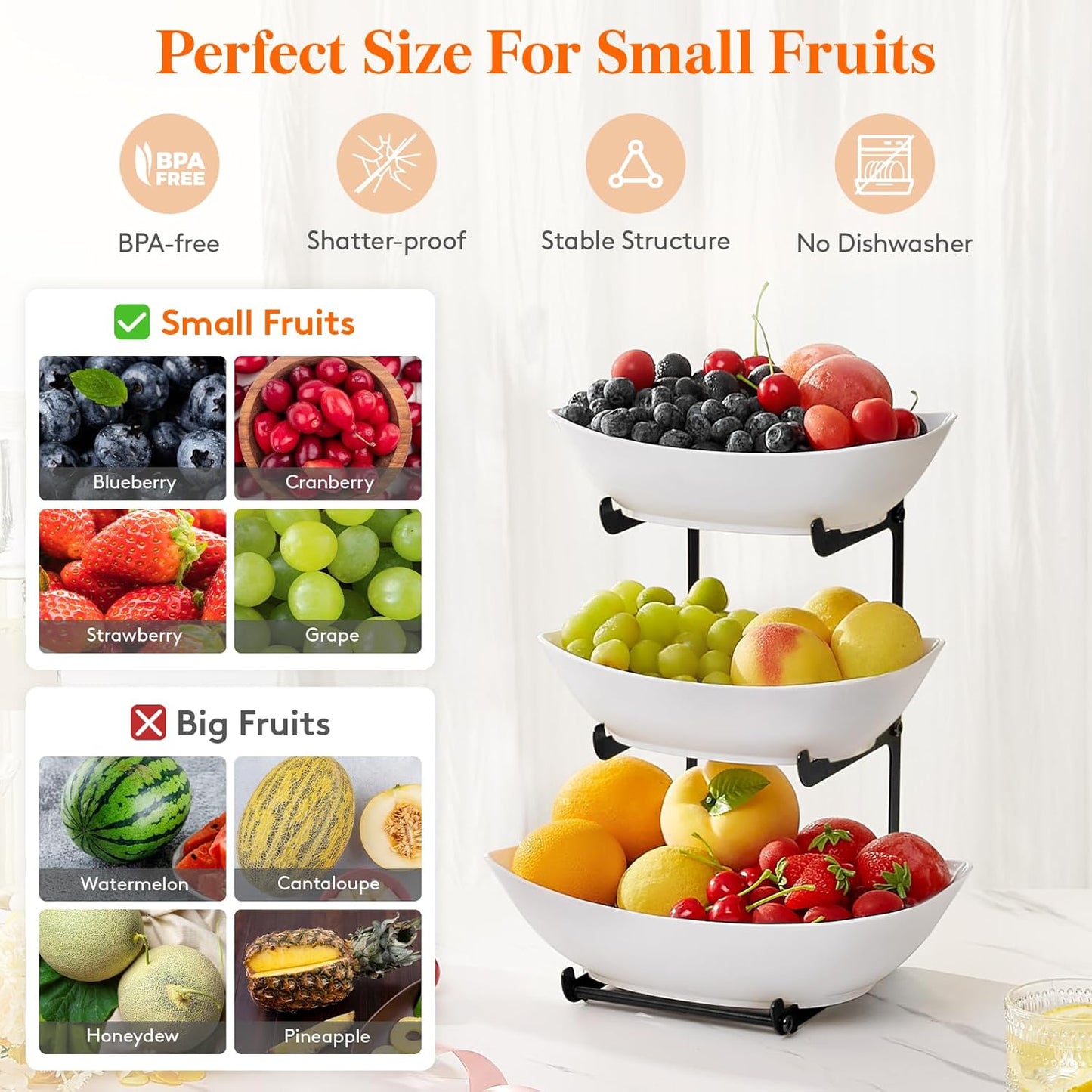Lifewit Plastic Fruit Bowl for Kitchen Counter, 3 Tier Fruit Basket with Gold Metal Stand, Tiered Fruit Holder for Countertop Serving Tray for Vegetable/Dessert in Party 28 x 21 x 35cm/11 x 8.4 x 14