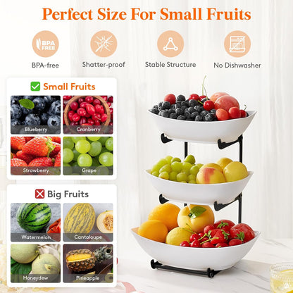 Lifewit Plastic Fruit Bowl for Kitchen Counter, 3 Tier Fruit Basket with Gold Metal Stand, Tiered Fruit Holder for Countertop Serving Tray for Vegetable/Dessert in Party 28 x 21 x 35cm/11 x 8.4 x 14