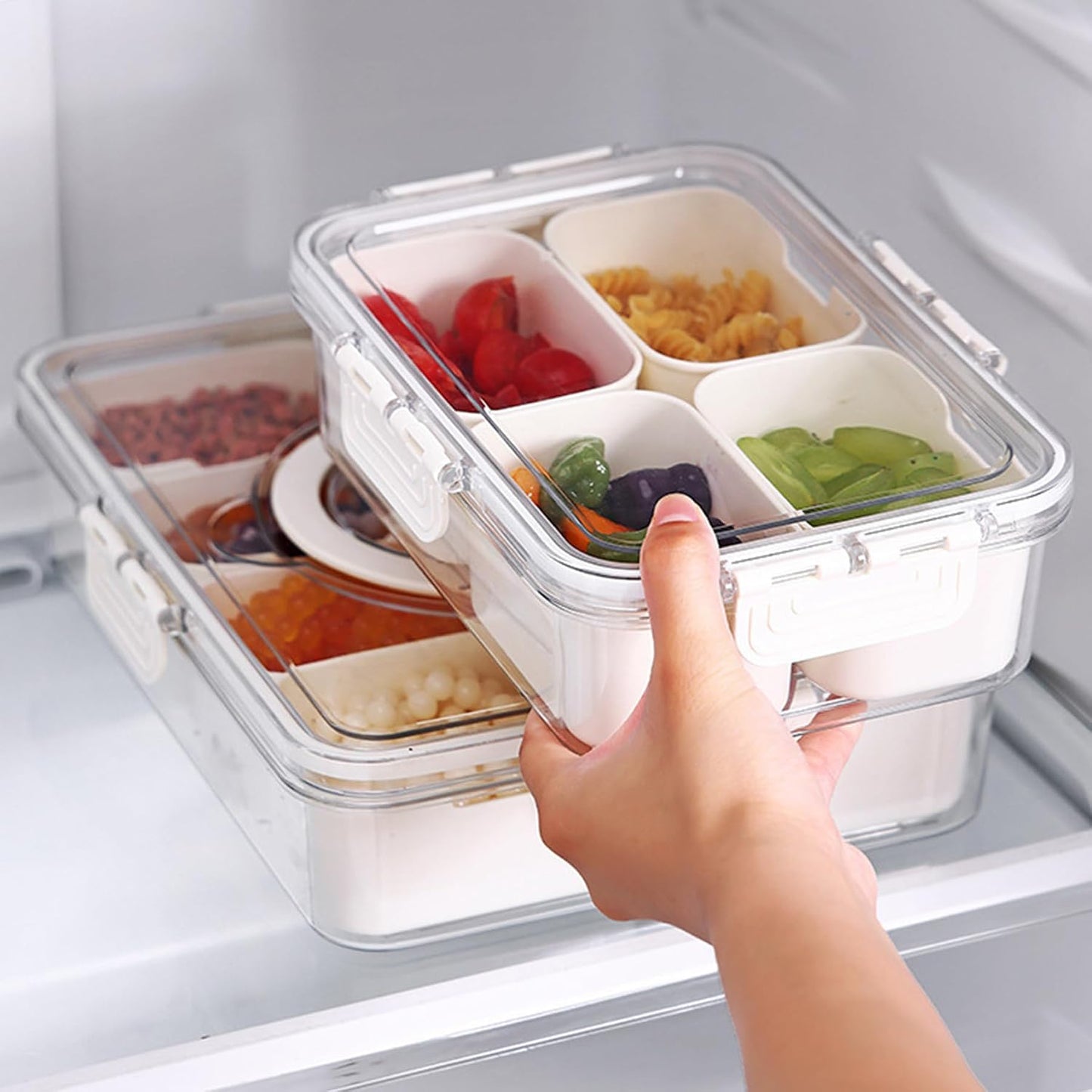 Plastic Divided Serving Tray with Lid and Handle Snack Box Charcuterie Container Portable Snack Platters Organizer for Candy, Fruits, Snacks, Nuts, for Party, Entertaining (White 8 compartments)