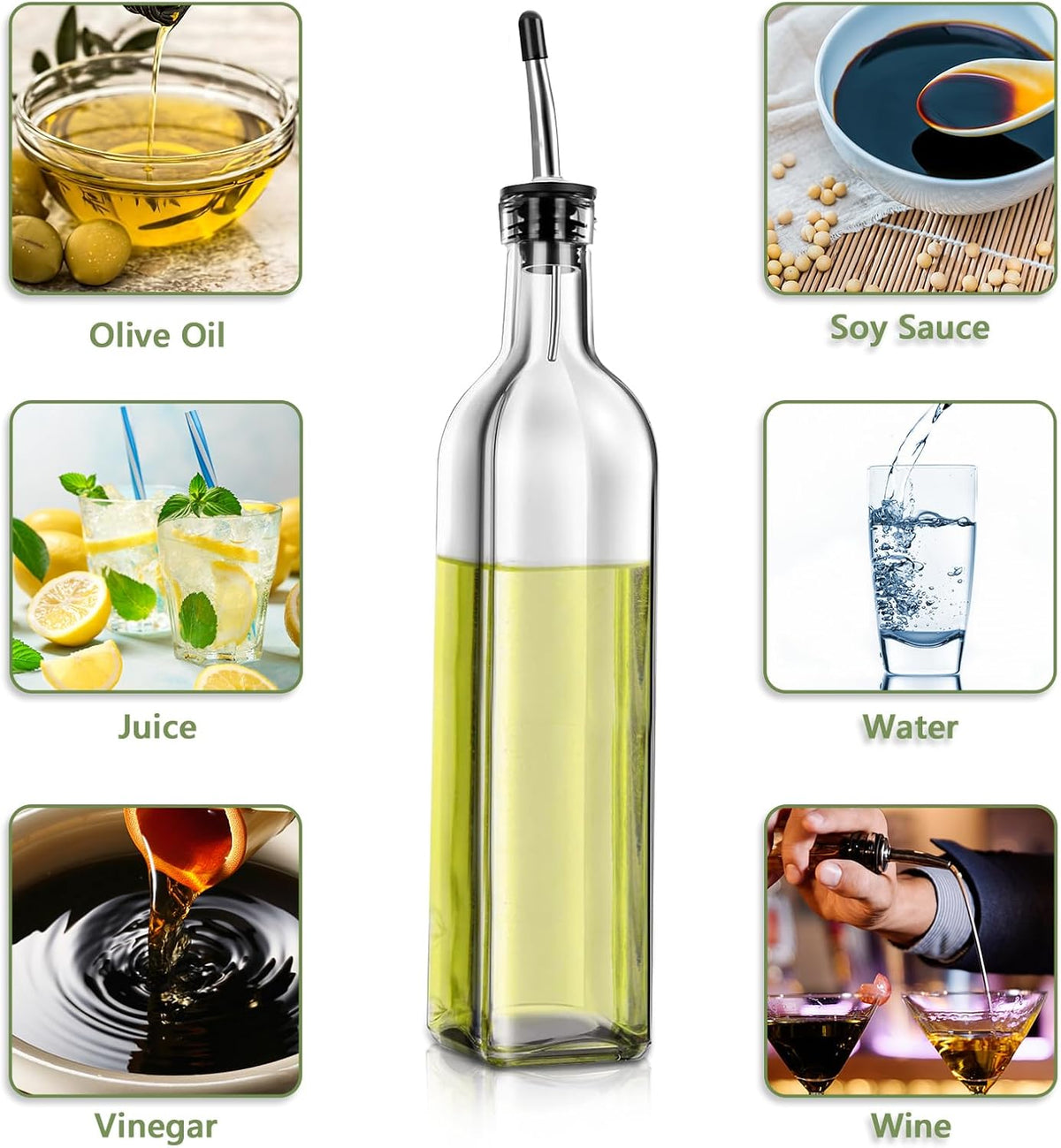 Leaflai Olive Oil Dispenser Bottle, Glass Olive Oil Dispenser and Vinegar Dispenser Set with Stainless Steel Pourers, 4 Labels,1 Brush and 1 Funnel Oil Bottles for Kitchen (500ml)
