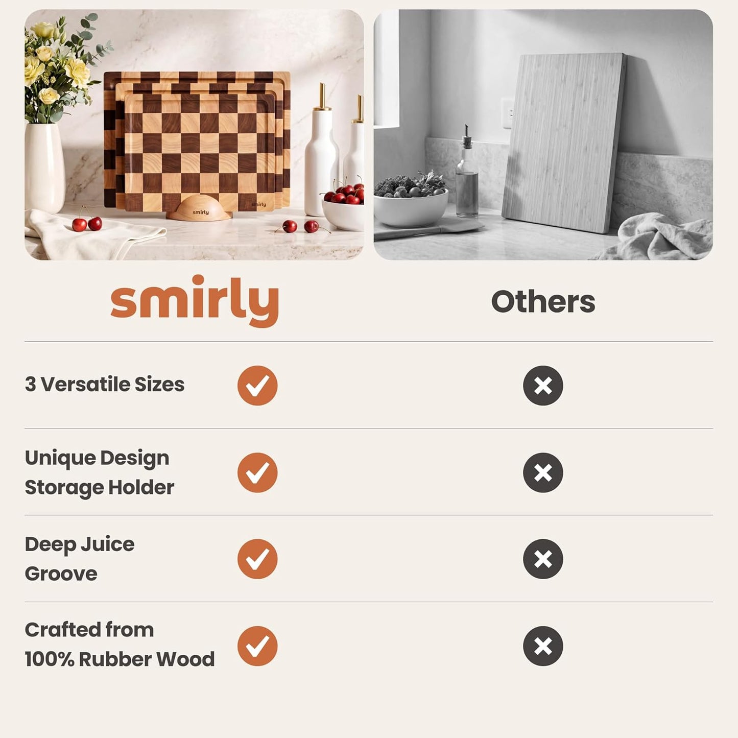 SMIRLY Walnut Cutting Board for Kitchen - Wood Cutting Boards with Handle and Juice Groove for Meal Prep, Serving, Charcuterie - Kitchen Gadgets - Non Toxic Wooden Chopping Board Set of 3 with Holder