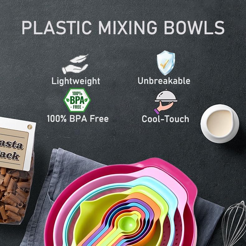 Mixing Bowls, Nesting Baking Bowls with Colander & Fine Mesh (Wheat-10PCS)