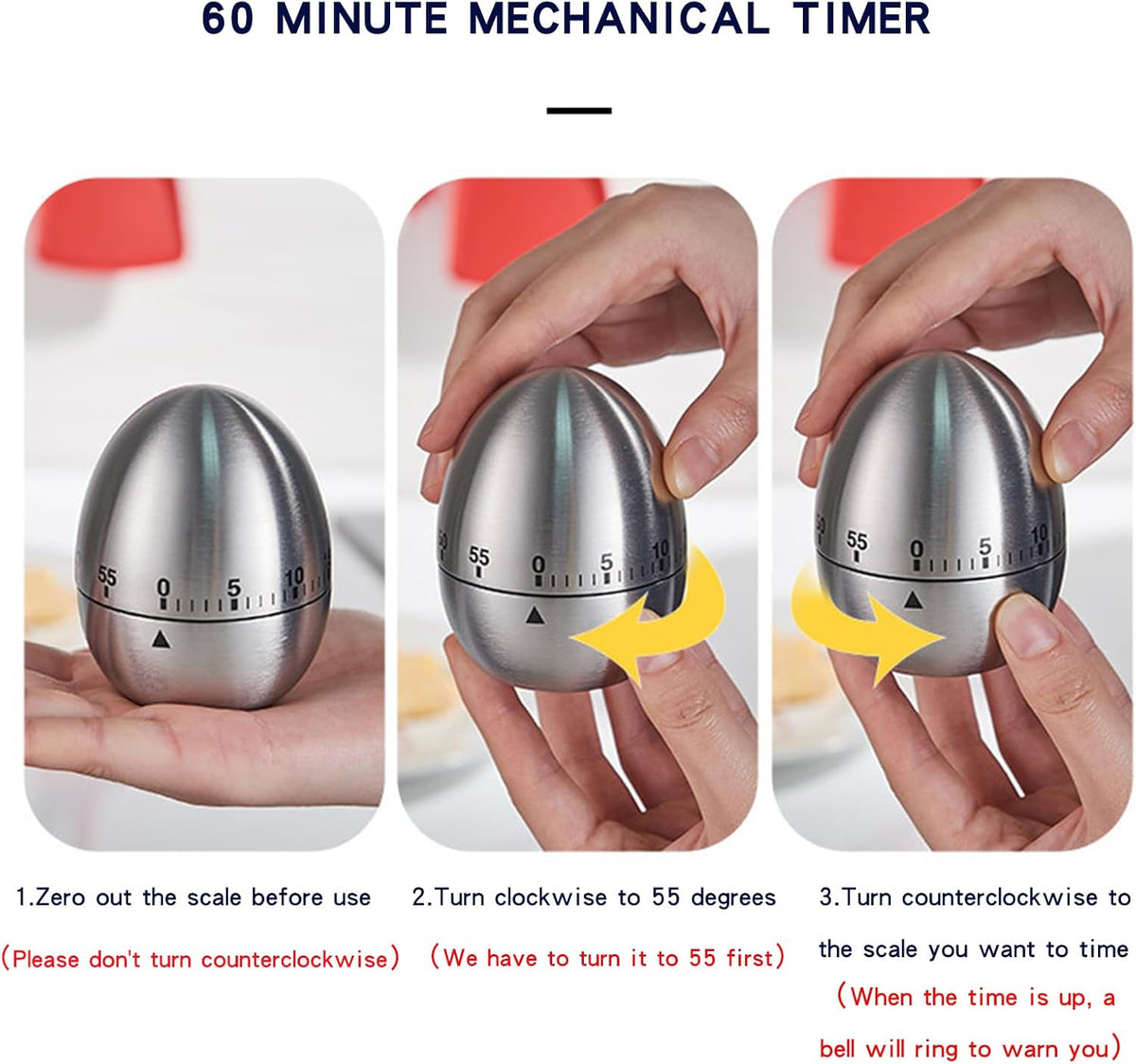 Cute Egg Shape Kitchen Timer, 60 Minute Mechanical Countdown Timer, Wind Up Cooking Timer with Loud Alarm, No Battery Needed, Visual Timer for Kids Classroom Baking and Home Use