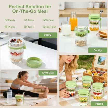 Overnight Oats Containers with Lids and Spoons - 4 Pack 16 oz Glass Mason Jars with Separate Compartments Airtight Overnight Oat Jars Leakproof Yogurt Parfait Cup for Oatmeal Chia Pudding Cereal Salad
