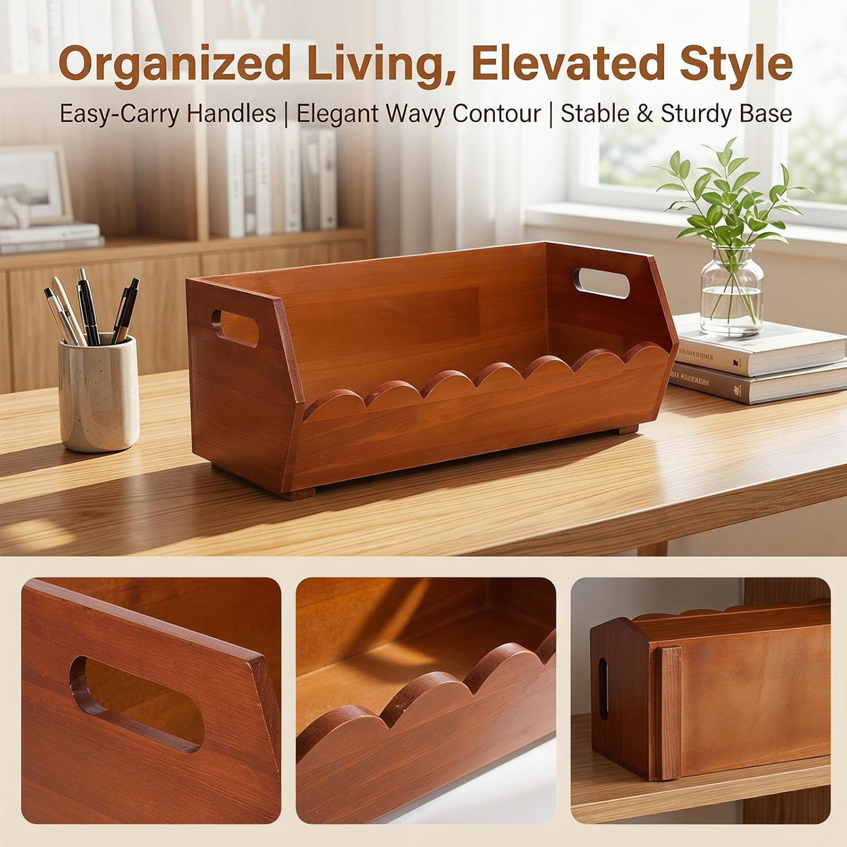 Wood Pantry Organizer Bin with Ergonomic Handles for Potatoes and Bread, Rustic Wooden Storage Basket with Waveshaped Contours and Flat Bottom for Kitchen Pantry or Cabinet