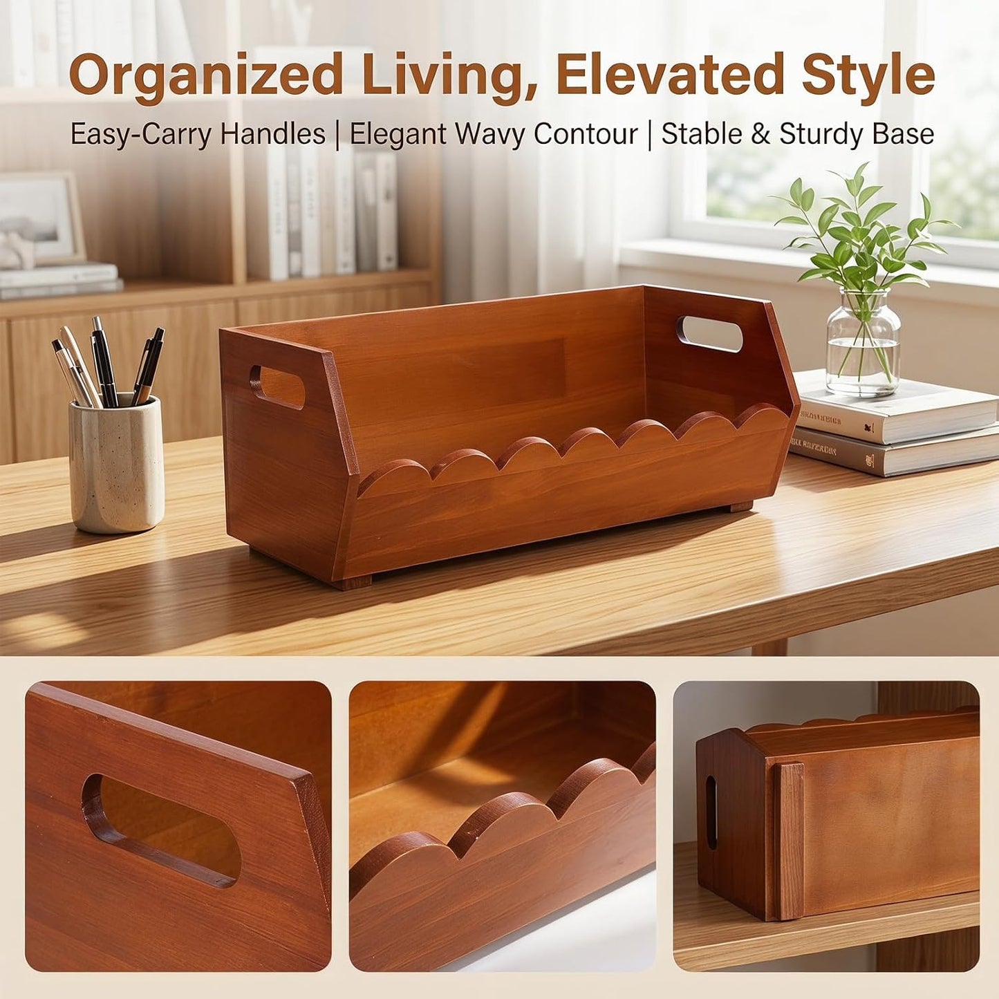 Rustic Wooden Pantry Storage Bin with Ergonomic Handles and Open Front Design, Handheld Kitchen Basket for Potatoes, Vegetables, 13.19x6.50x5.51in, for Desk or Kitchen