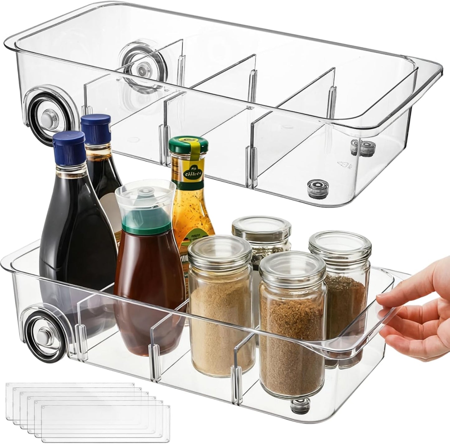 2 Pack Refrigerator Organizer Bin with Wheels, Roll Out Pantry Storage with Dividers, Clear Plastic Refrigerator Drawer, Upgrade Thick Fridge Caddy for Under Sink, Kitchen Organization