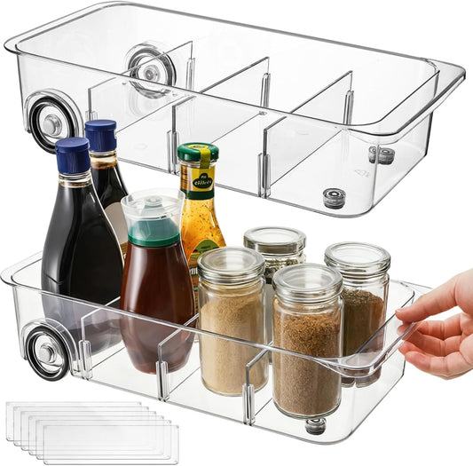 2 Pack Refrigerator Organizer Bin with Wheels, Roll Out Pantry Storage with Dividers, Clear Plastic Refrigerator Drawer, Upgrade Thick Fridge Caddy for Under Sink, Kitchen Organization