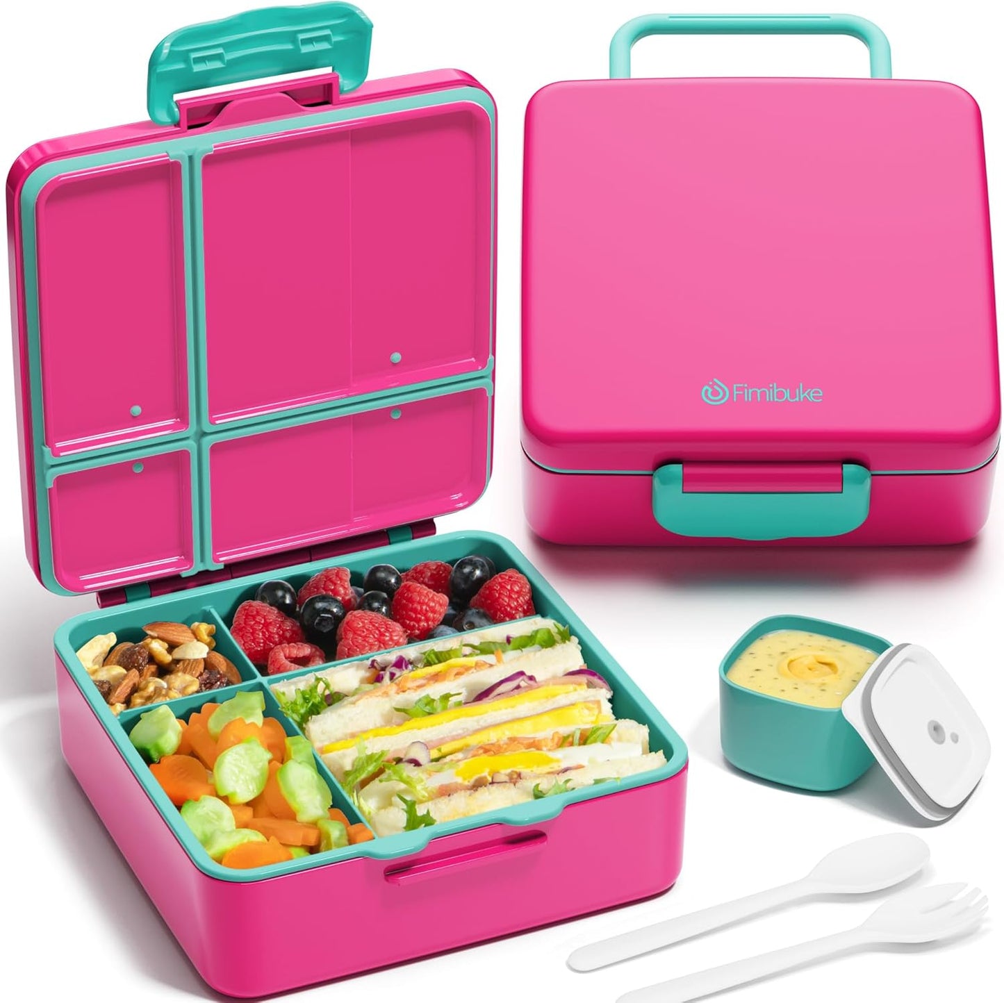 Fimibuke Bento Lunch Box for Kids, Leak Proof Toddler Bento Box with 4 Compartments BPA Free Dishwasher Safe Lunch Container with Utensils, Ideal Portion Sizes for Ages 3-12 Girls Boys for School